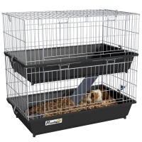 PawHut 2-Tier Small Animal Cage with 2 Doors, Trays, Dish, Bottle, and Ramp for Bunny, Ferret, Chinchilla, Black(m-11)