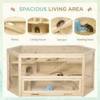 PawHut Wooden Large Hamster Cage Small Animal Exercise Play House 3 Tier with Tray, Seesaws, Water Bottle, Activity Center, Natural(m-4)