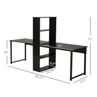 HOMCOM 88" Extra Long 2-Person Computer Desk with Storage Shelves Combo, Double Workstation Storage Study Writing Table for Home Office, Bookshelf, Black(m-3)
