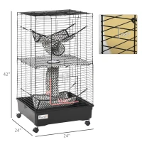 PawHut 42" Ferret Cage, Small Animal Habitat Metal Pet Cage with Wheels Brakes, Hammocks, Hanging Tunnels, and 3 Doors, Black(m-3)