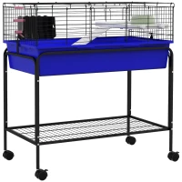 PawHut Two-Story Small Animal Cage Removable from Stand, Pet Habitat with Shelf & Wheels, 33" x 18.5" x 35", Blue(m-11)