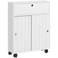 kleankin Toilet Paper Cabinet, Slim Bathroom Cabinet with 4 Rolling Wheels, Small Bathroom Storage Cabinet with Paper Holes, Sliding Doors and Adjustable Shelf for Small Space, White(m-1)