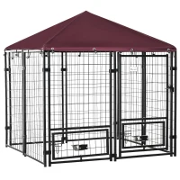 PawHut Outdoor Dog Kennel with Rotating Bowl Holders, Pet Playpen with Waterproof Cover, 4.6' x 4.6' x 5', Red(m-1)