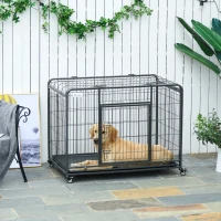 PawHut Folding Design Heavy Duty Metal Dog Cage Crate & Kennel with Removable Tray and Cover, & 4 Locking Wheels, Indoor/Outdoor 43"(m-2)