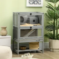 PawHut Wooden Hamster Cage with Storage Shelf, Large Rat Mouse Habitat Including Seesaw, Small Animal Cage with Sliding Tray, Wide Ramp for Racing, Running Wheel, 35.5" H(m-10)