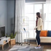 PawHut 62" Rolling Bird Cage Cockatoo House Play Top Finch Pet Supply with Storage Shelf, Wheels - White(m-7)