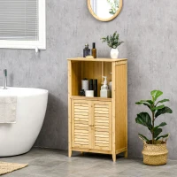 HOMCOM Bamboo Floor Cabinet Bathroom Floor Cabinet Living Room Organizer Tower with Multiple Shelves and Doors, Natural(m-11)
