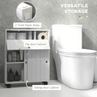 kleankin Toilet Paper Cabinet, Slim Bathroom Cabinet with 4 Rolling Wheels, Small Bathroom Storage Cabinet with Paper Holes, Sliding Doors and Adjustable Shelf for Small Space, White(m-4)