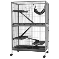 PawHut 50" H Rolling Small Animal Cage with Hammock, Ferret Cage, Chinchilla Cage, Pet Habitat with 4 Doors, Removable Tray(m-1)