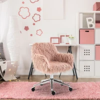 Vinsetto Faux Fur Desk Chair, Swivel Vanity Chair with Adjustable Height and Wheels for Office, Bedroom, Pink(m-2)