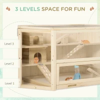 PawHut Wooden Large Hamster Cage Small Animal Exercise Play House 3 Tier with Tray, Seesaws, Water Bottle, Activity Center, Natural(m-5)