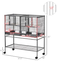 PawHut Divided Breeder Bird Cage with Rolling Stand Removable Metal Tray, Storage Shelf, Wood Perch, and Food Container(m-3)