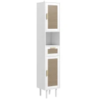 HOMCOM Tall Bathroom Cabinet with Rattan Doors, Freestanding Bathroom Storage Cabinet with Adjustable Shelves, White(m-11)