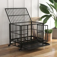PawHut 36" Heavy Duty Dog Crate Metal Cage Kennel with Lockable Wheels, Double Door and Removable Tray, Gray(m-9)