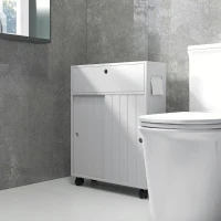 kleankin Toilet Paper Cabinet, Slim Bathroom Cabinet with 4 Rolling Wheels, Small Bathroom Storage Cabinet with Paper Holes, Sliding Doors and Adjustable Shelf for Small Space, White(m-10)