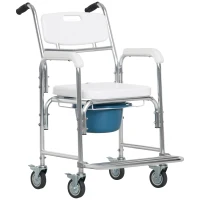 HOMCOM 3-in-1 Shower Commode Wheelchair, FSA/HSA Eligible Transport Beside Commode Chair, Waterproof Rolling Over Toilet Chair 330 lbs. Weight Capacity with Padded Seat, White(m-11)