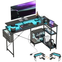 HOMCOM 58" Reversible L Shaped Computer Desk, Corner Desk with Monitor Stand, Power Outlets and LED Lights, Black(m-11)
