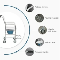 HOMCOM 3-in-1 Shower Commode Wheelchair, FSA/HSA Eligible Transport Beside Commode Chair, Waterproof Rolling Over Toilet Chair 330 lbs. Weight Capacity with Padded Seat, White(m-5)