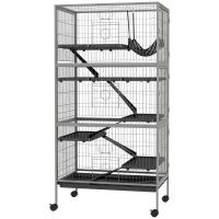 PawHut 63" H Rolling Small Animal Cage with Hammock, Ferret Cage, Chinchilla Cage, Pet Habitat with 6 Doors, Removable Tray(m-1)