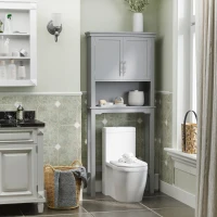 kleankin Modern Over The Toilet Storage Cabinet, Double Door Bathroom Organizer with Inner Adjustable Shelf and Open Shelf, Gray(m-10)
