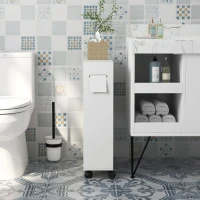 kleankin Toilet Paper Cabinet, Slim Bathroom Cabinet with 4 Rolling Wheels, Small Bathroom Storage Cabinet with Paper Holes, Sliding Doors and Adjustable Shelf for Small Space, White(m-8)