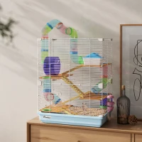 PawHut 5 Tiers Hamster Cage Portable Animal Travel Carrier w/ Exercise Wheels Tube, Light Blue(m-10)