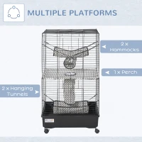 PawHut 42" Ferret Cage, Small Animal Habitat Metal Pet Cage with Wheels Brakes, Hammocks, Hanging Tunnels, and 3 Doors, Black(m-7)