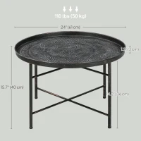 HOMCOM Vintage Coffee Table for Living Room, 24" Round Center Table with Hammered Tray Top and Metal Frame, Pewter(m-3)