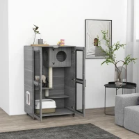 PawHut Cat Tree House with Scratching Post and Wheels, Gray(m-2)