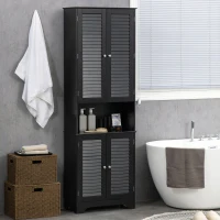 HOMCOM Tall Narrow Bathroom Storage Cabinet with Doors and Shelf Adjustability, Freestanding Linen Cabinet with 2 Cabinets and Countertop, Black(m-10)