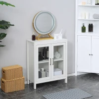 kleankin Modern Bathroom Floor Cabinet, Freestanding Bathroom Storage Cabinet with Double Glass Doors and Adjustable Shelves, Off White(m-10)
