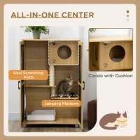 PawHut Luxury Cat House with Wheels,  Kitty Cage Catio Villa for Indoor Cats with Scratching Posts, Condo, Flap Door, Cushion, Oak, 31.5" x 20" x 48.5"(m-5)