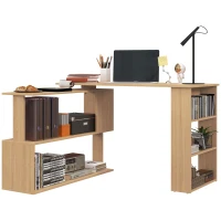 HOMCOM L Shaped Corner Desk, 360 Degree Rotating Home Office Desk with Storage Shelves, Writing Table Workstation, Maple(m-11)