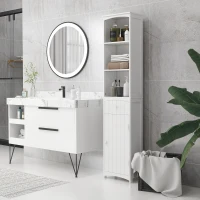 HOMCOM Bathroom Storage Cabinet, Free Standing Bathroom Storage Unit, Tall Linen Tower with 3-Tier Shelves and Drawer, White(m-10)