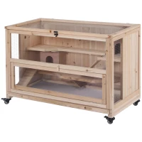PawHut 3-Tier Wooden Hamster Cage, Small Animals Hutch with Ladders, Natural(m-11)