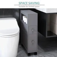 kleankin Space Saving Narrow Bathroom Storage Cabinet, Bath Toilet Paper Holder with Drawers and Rolling Wheels, Gray(m-5)