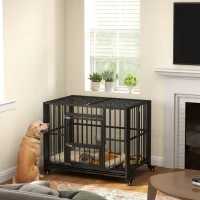PawHut 43" Heavy Duty Dog Crate, Strong Steel Foldable Large Dog Crate with 4 Lockable Wheels, Double Doors, Openable Top and Removable Trays for Medium and Large Dogs, Black(m-10)