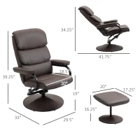 HOMCOM Recliner Chair with Ottoman, PU Leather Swivel High Back Armchair w/ Footrest, 135° Adjustable Backrest and Thick Foam Padding, Brown(m-3)