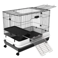 PawHut 2-Level Small Animal Cage Rabbit Hutch with Wheels, Removable Tray, Platform and Ramp for Bunny, Chinchillas, Ferret, Black(m-14)