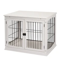 PawHut Dog Crate Furniture, 32" Small Dog Cage End Table with 2 Doors, Lockable Door, Puppy Kennel Indoor, White(m-11)
