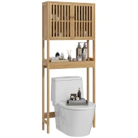 HOMCOM Over the Toilet Cabinet, Bamboo Bathroom Above Toilet Storage with Slatted Doors and Adjustable Shelf, Natural(m-11)