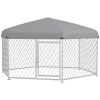 PawHut 6.9' x 6.1' x 4.9' Dog Kennel Outdoor for Medium and Large-Sized Dogs with Waterproof UV Resistant Roof, Silver(m-1)