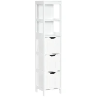 kleankin Tall Bathroom Cabinet, Slim Bathroom Storage Cabinet, Narrow Floor Cabinet with 3 Drawers and 2 Open Shelves, Freestanding Linen Tower for Small Space, 12" x 12" x 56", White(m-1)