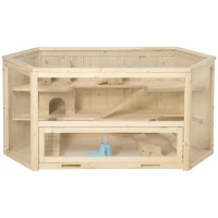 PawHut Wooden Large Hamster Cage Small Animal Exercise Play House 3 Tier with Tray, Seesaws, Water Bottle, Activity Center, Natural(m-1)