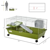 PawHut 35"L Small Animal Cage, Rolling Bunny Cage, Guinea Pig Cage with Food Dish, Water Bottle, Hay Feeder, Platform, Ramp for Chinchilla, Green(m-3)