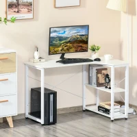 HOMCOM L-Shaped Computer Desk Home Office Corner Desk Study with Wide Desktop, 2 Side Shelves, Steel Frame, White(m-10)