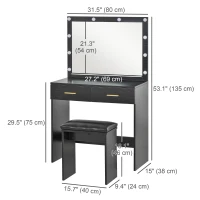 HOMCOM Makeup Vanity Table Set with Stool, Dressing Table with LED Lighting Mirror, Drawers, for Bedroom, Black(m-3)