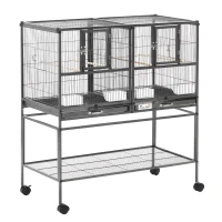 PawHut Divided Breeder Bird Cage with Rolling Stand Removable Metal Tray, Storage Shelf, Wood Perch, and Food Container(m-12)