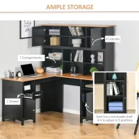 HOMCOM L Shaped Computer Desk with Hutch, 59" Corner Desk, Space Saving Home Office Desk with Storage Shelves, Drawer and Cabinet, Black(m-5)