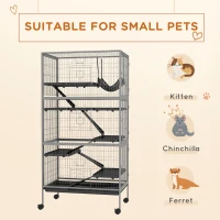 PawHut 63" H Rolling Small Animal Cage with Hammock, Ferret Cage, Chinchilla Cage, Pet Habitat with 6 Doors, Removable Tray(m-4)